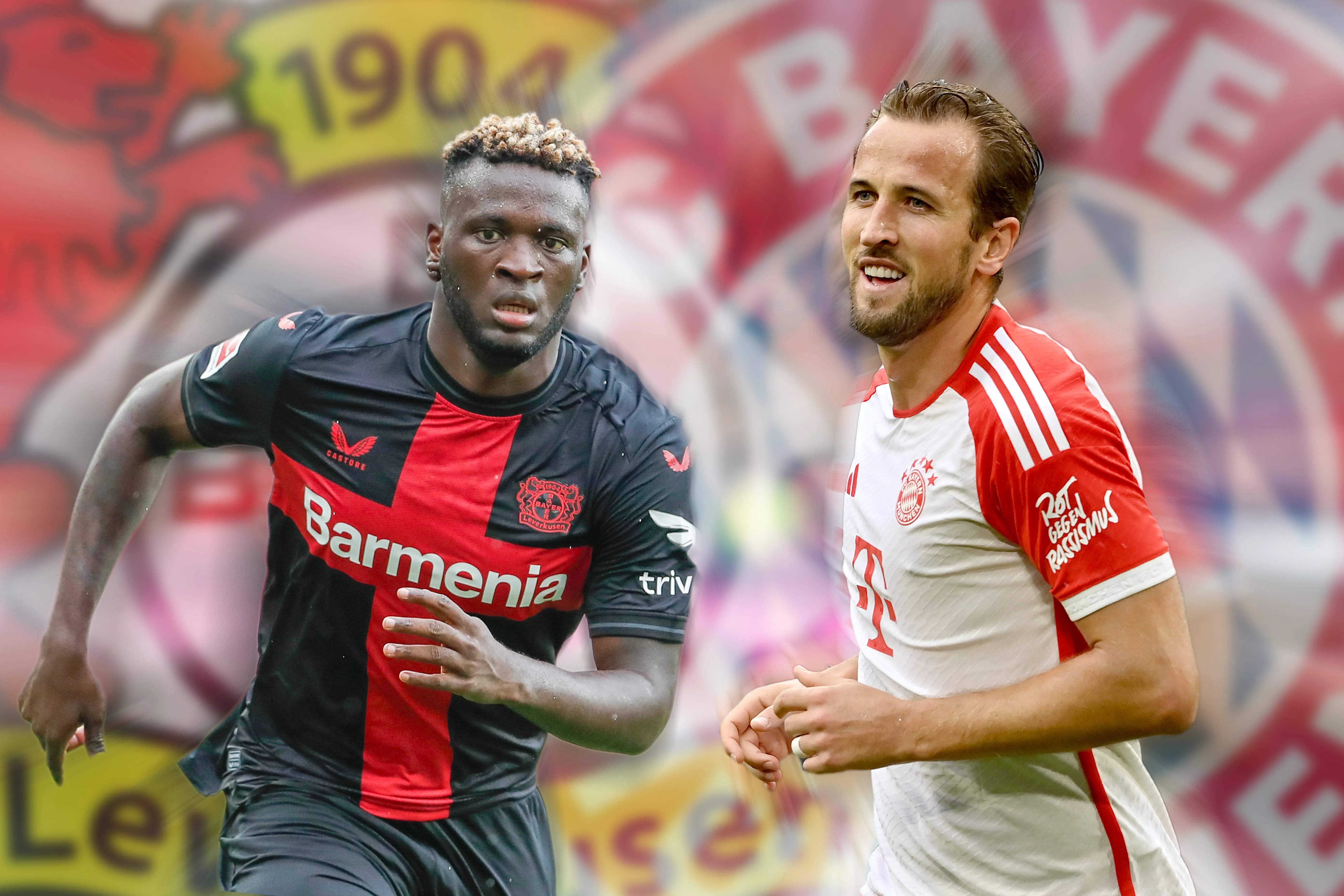 Harry Kane of Bayern  & Victor Boniface of Bayer Leverkusen.