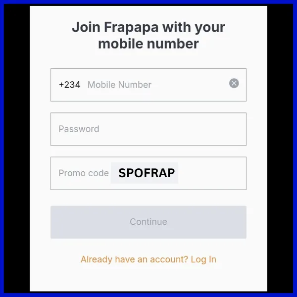 Frapapa signup form with mobile number, password, and promo code fields with promo code SPOFRAP.