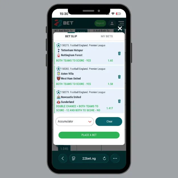 22Bet accumulator bet slip example showing Premier League selections used to complete welcome bonus wagering