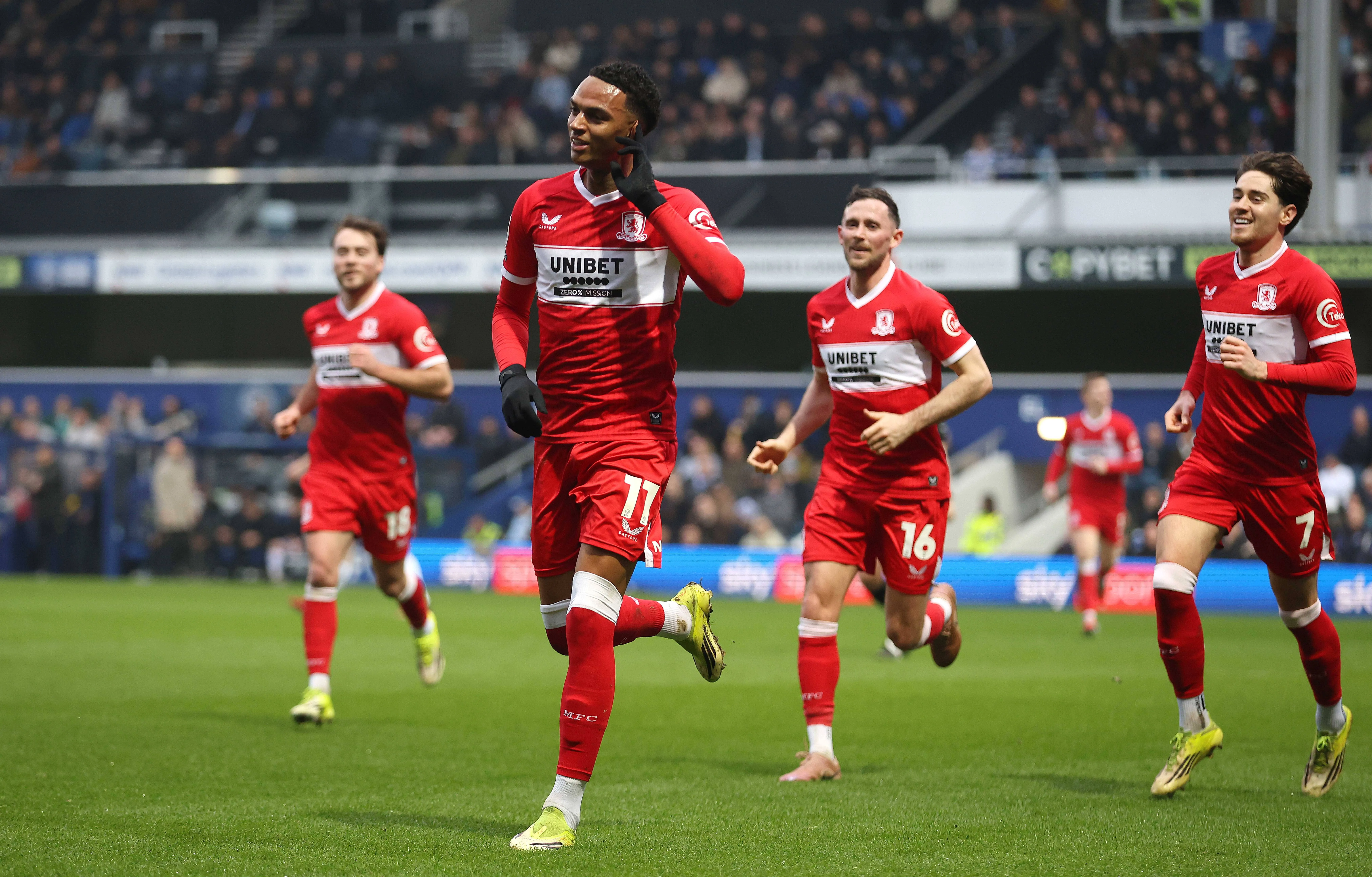 Morgan Whittaker of Middlesbrough goal celebration after scoring a goal to put Middlesbrough 1-0 ahead during the match between Queens Park Rangers FC and Middlesborough FC in the Sky Bet Championship at Loftus Road Stadium in London, England, on March 8.