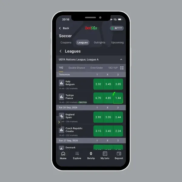 Bet9ja football page with examples to show 1x2 betting meaning