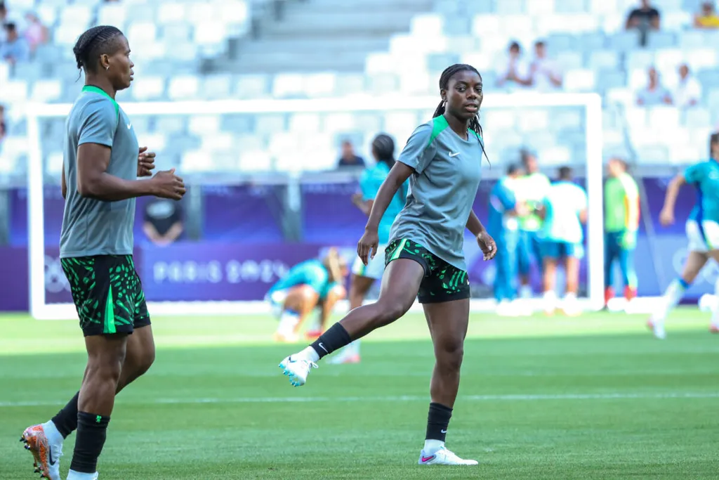 PARIS, FRANCE &ndash; JULY 25: Nicole Payne, Osinachi Ohale, Nigeria warm up during the Paris Olympics 2024 Women s group c ma