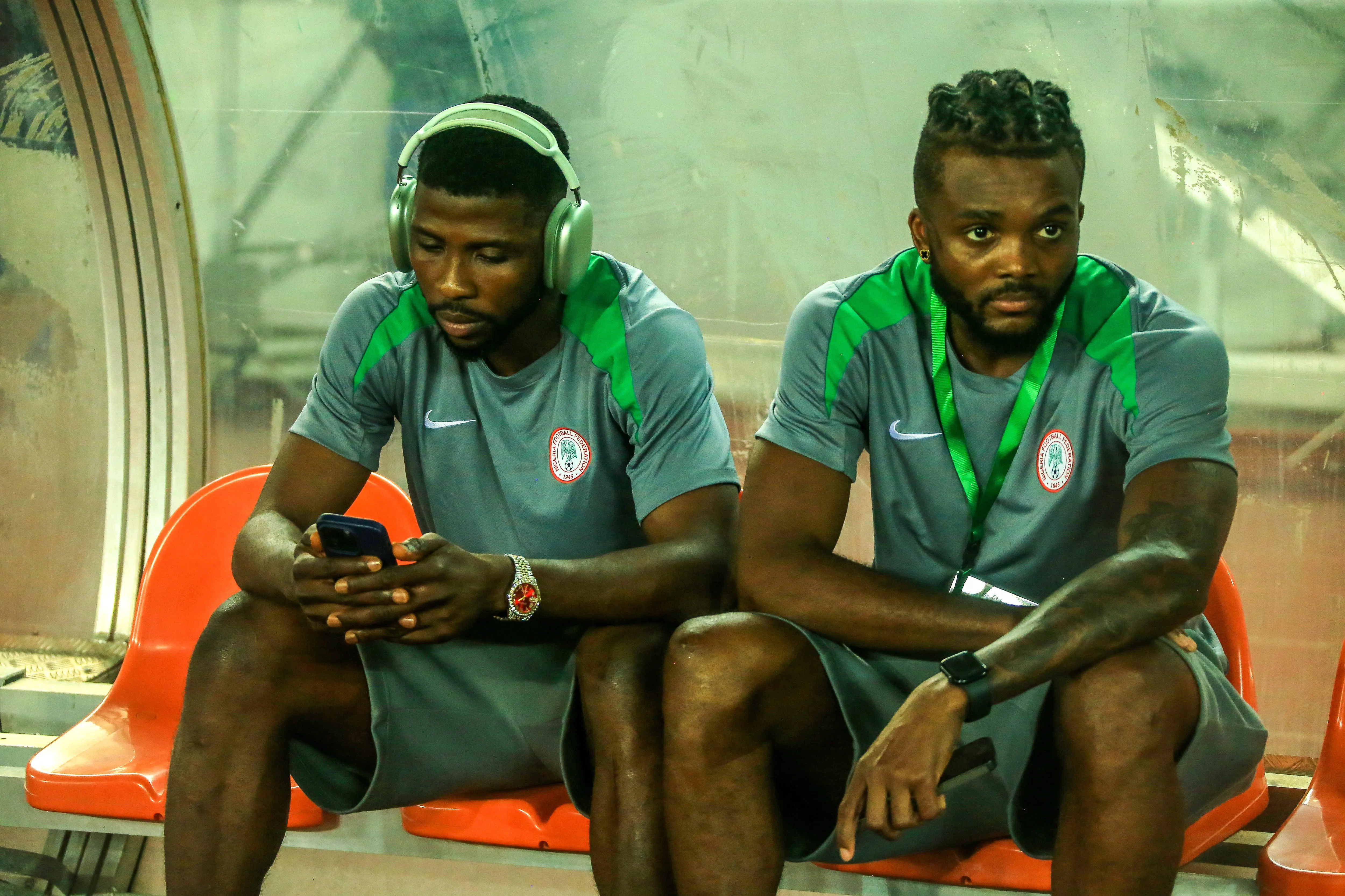 Kelechi Iheanacho and Chidozie Awaziem during the 2026 FIFA World Cup Qualifier match between Nigeria and South Africa at Goodswill Akpabio International Stadium on June 7, 2024 in Uyo, Nigeria.