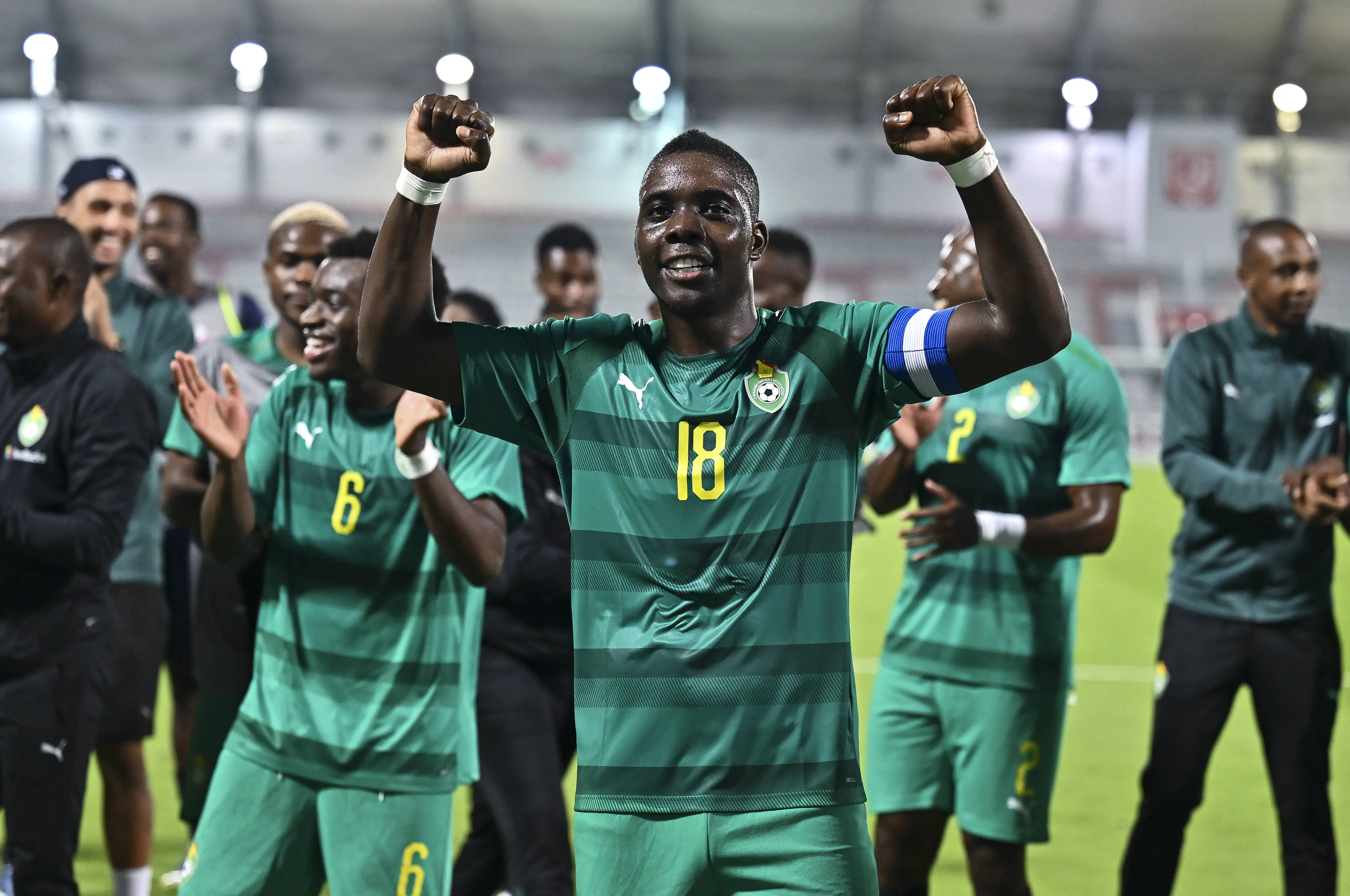 Marvelous Nakamba of Zimbabwe acknowledge the fans after winning after the International Friendly match between Qatar and Zimbabwe at Abdullah bin Khalifa Stadium in Doha. 