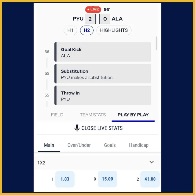 BetKing mobile app live stats screen.