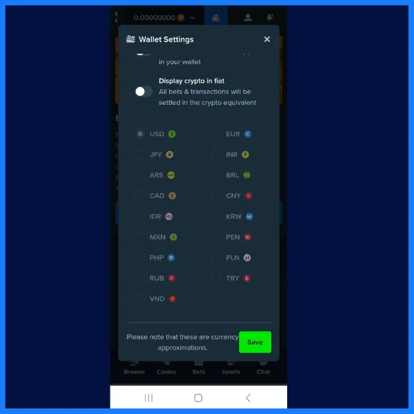 Stake.com wallet settings screen displaying options to toggle between displaying cryptocurrency in fiat currency, with various currency choices such as USD, EUR, JPY, and INR. A &ldquo;Save&rdquo; button is visible at the bottom.