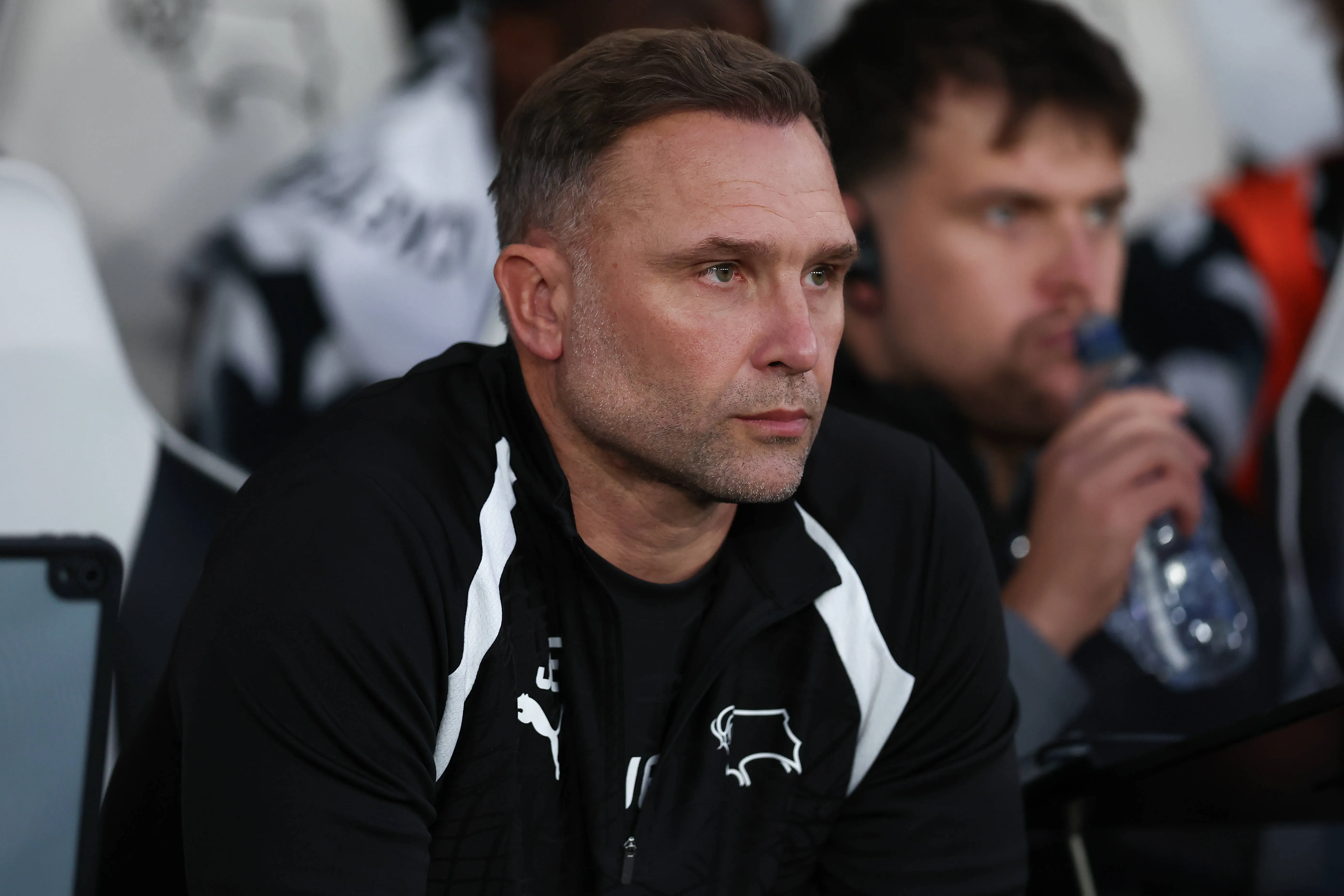 John Eustace manager of Derby County looks on