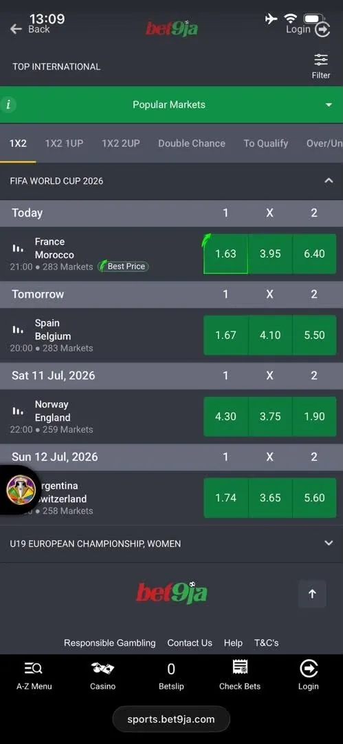 England to win at 1.89 odds vs Norway on Bet9ja.