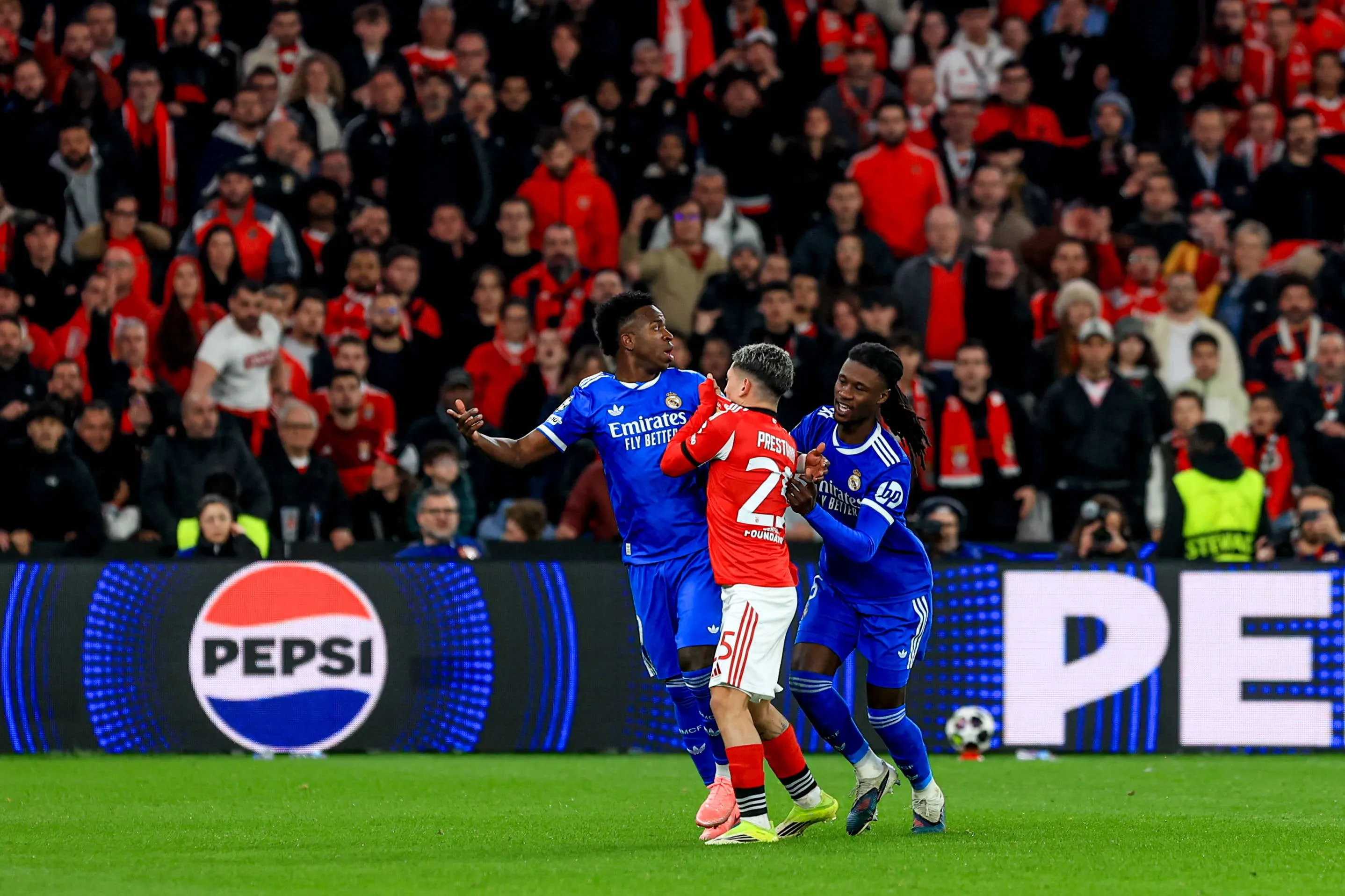 Vinicius Junior of Real Madrid CF and Gianluca Prestianni of SL Benfica