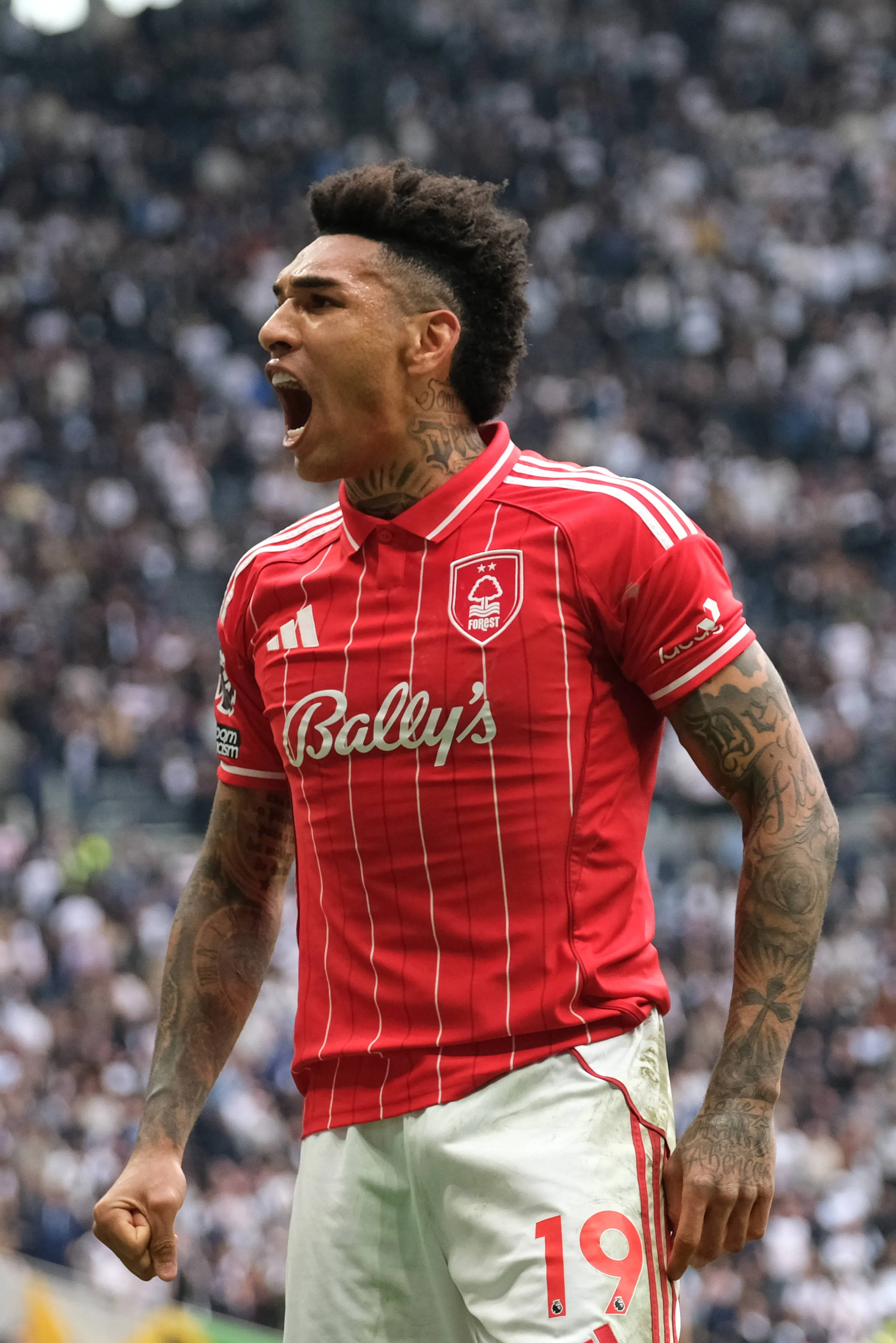 Igor Jesus celebrates his goal during the Premier league football match between Tottenham Hotspur and Nottingham Forest