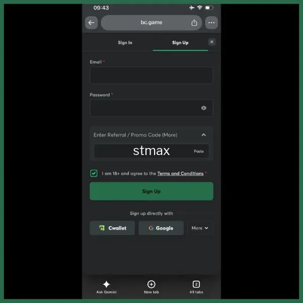 BC Game promo code stmax entered on  registration page Nigeria