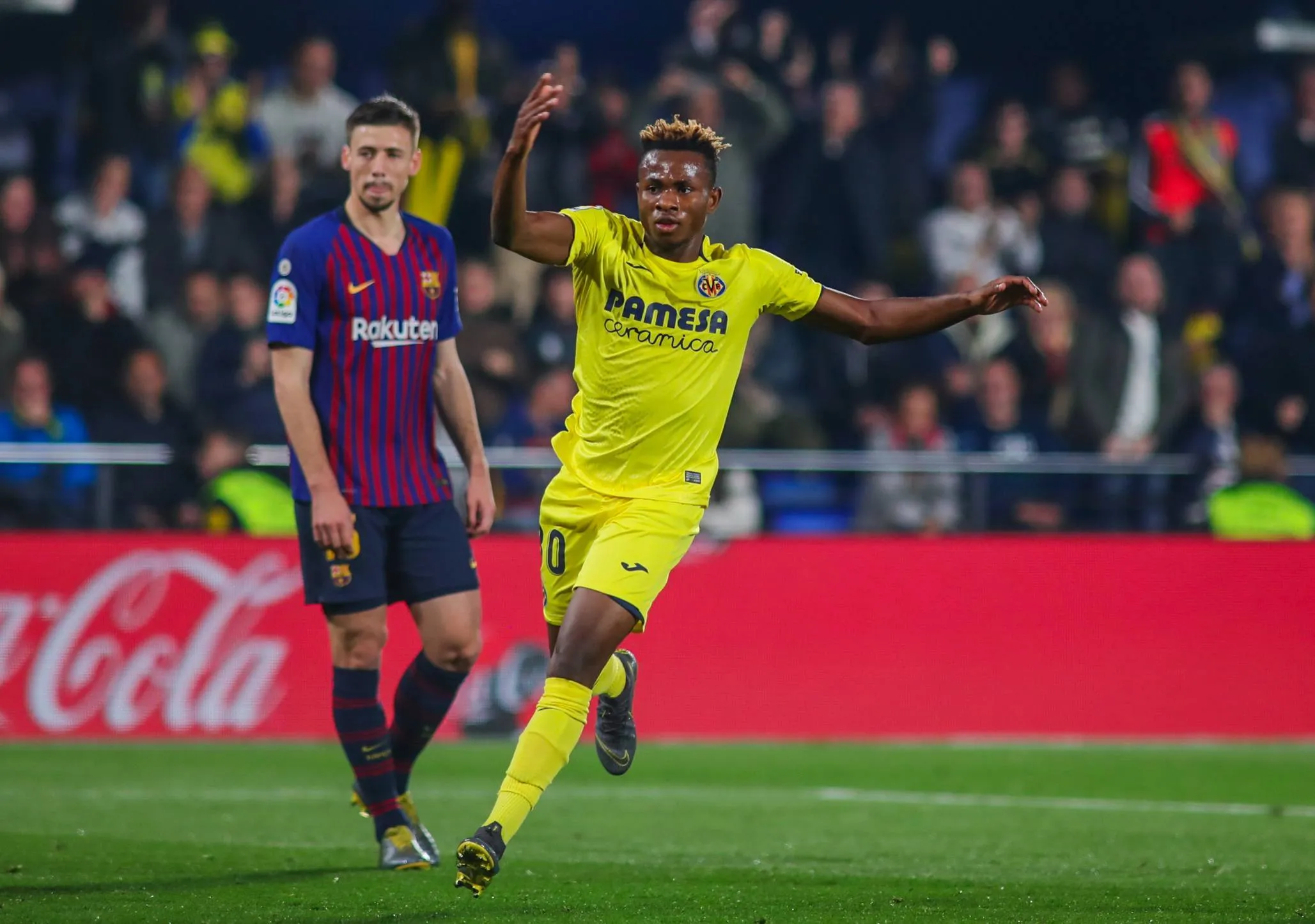 Samuel Chukwueze celebrates his goal against Barcelona