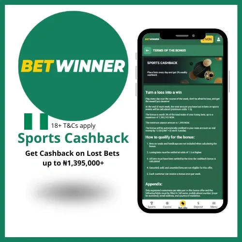 Betwinner sports cashback bonus where you get 3% back on lost bets up to ₦1,395,000+