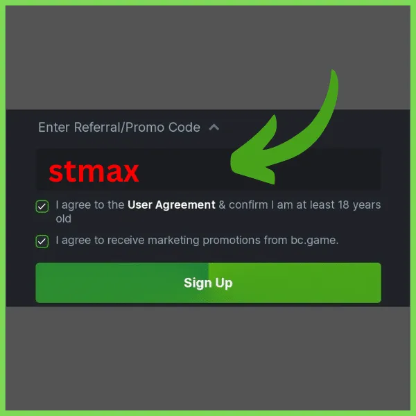 BC game promo code stmax entered in the registration form