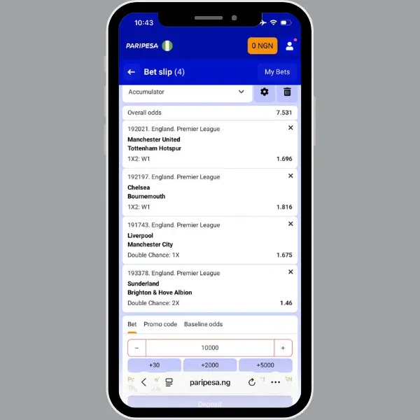 Paripesa bet slip example with EPL matches to clear the welcome bonus from the Paripesa promo code