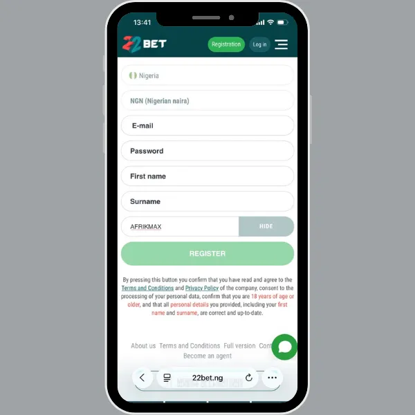 22Bet Registration Page with 22Bet promo code AFRIKMAX