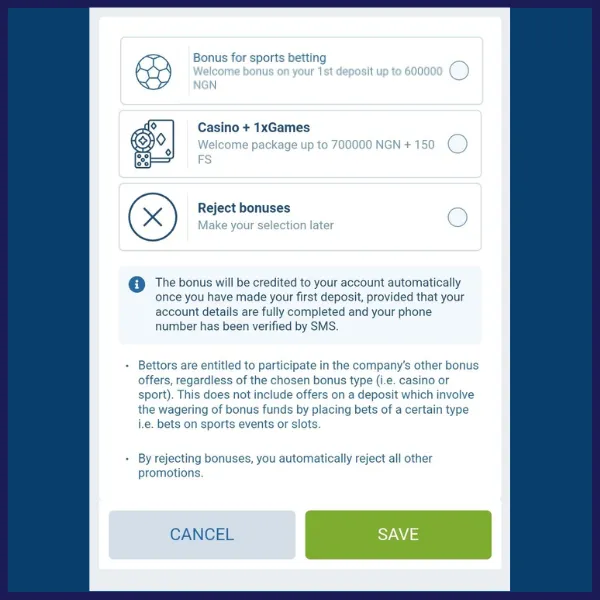 1xBet bonus selection page with options for sports betting, casino games, or rejecting bonuses, along with terms and conditions.