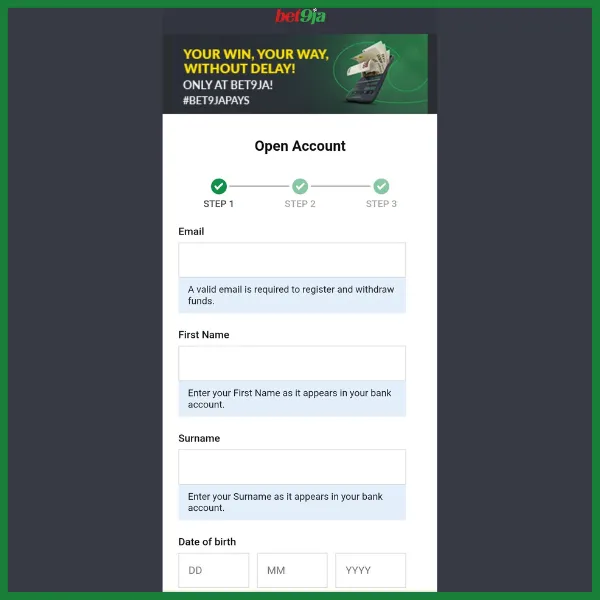 Bet9ja registration form