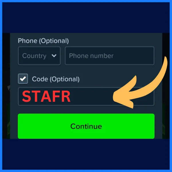 Stake.com registration screen showing an optional field for entering the promo code “STAFR” with a highlighted arrow pointing to it.