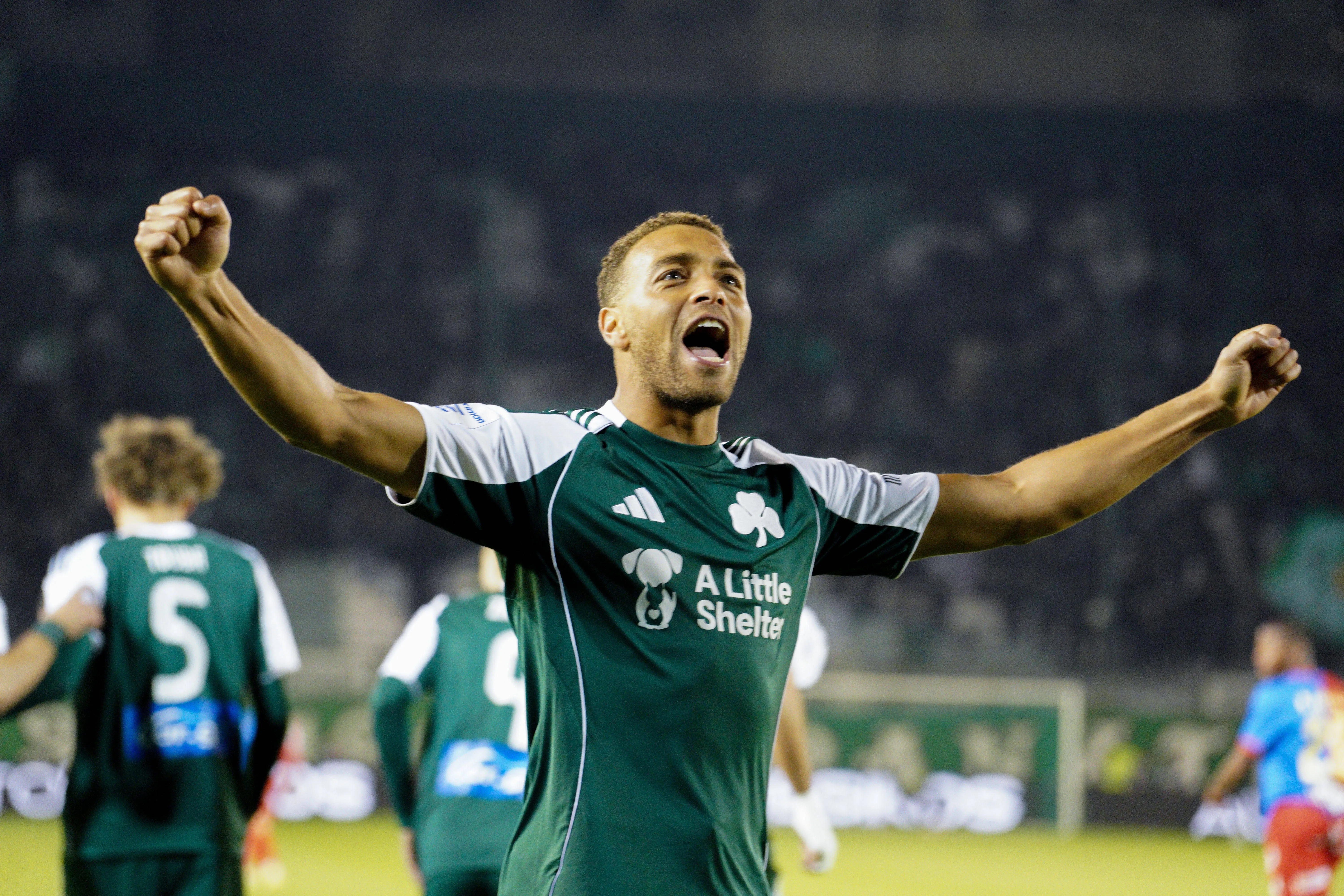 Cyriel Dessers celebrates his goal during the Panathinaikos vs Volos match for the 14th matchday of the Greek Super League, at Apo