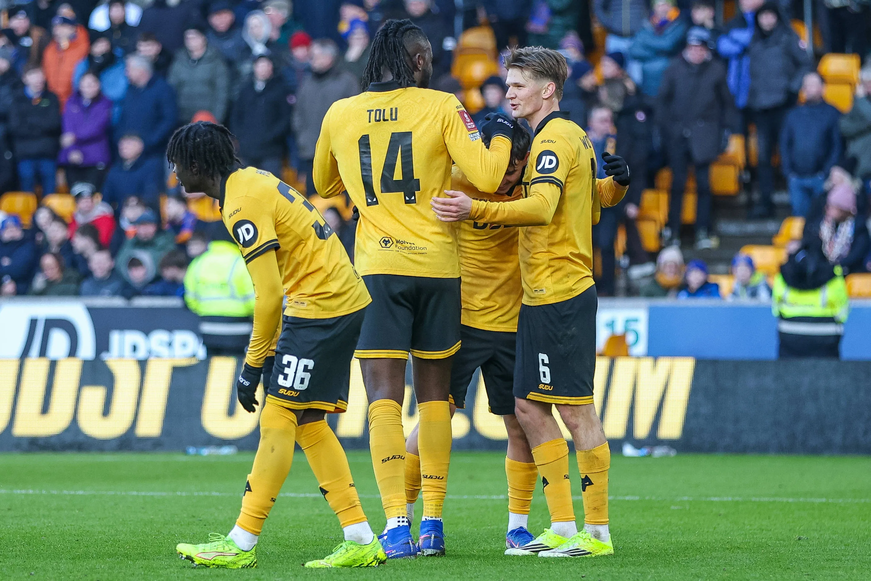 Emirates FA Cup Third Round Tolu Arokodare of Wolverhampton Wanderers celebrates and is congratulated for the goal during the Emirates FA Cup Third Round match between Wolverhampton Wanderers and Shrewsbury Town at Molineux in Wolverhampton, England, on January 10, 2026