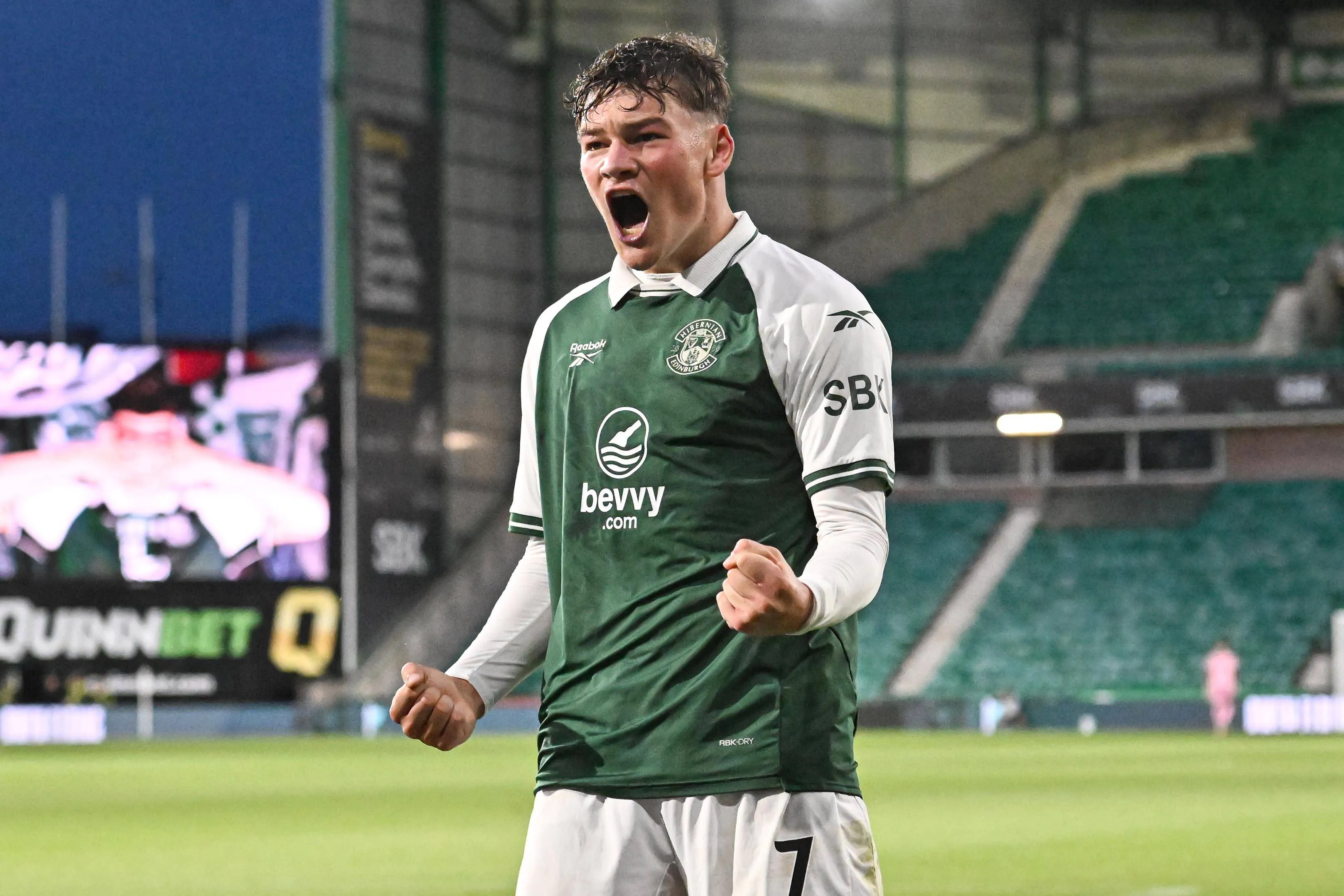 Hibernian v KF Shk&Atilde;ndija UEFA Europa Conference League Owen Elding of Hibernian celebrates his goal during the UEFA Europa Conference League Third Qualifying Round First Leg match at Easter Road, Edinburgh. 