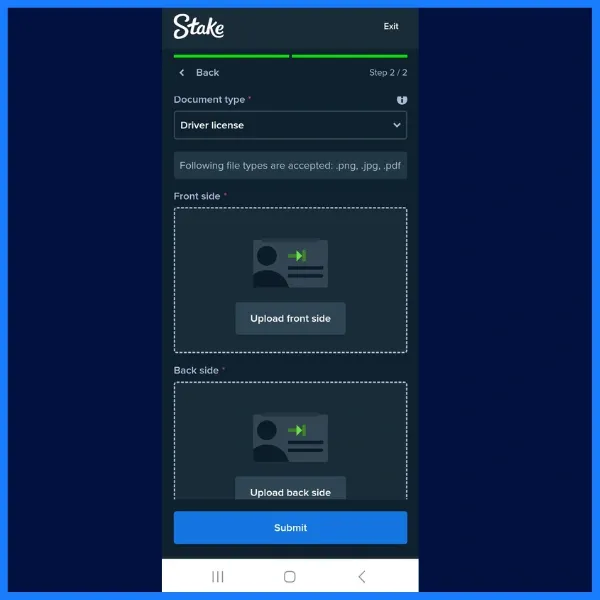 Stake.com identity verification screen with options to upload the front and back sides of a driver&rsquo;s license, with fields for document type and file upload buttons.