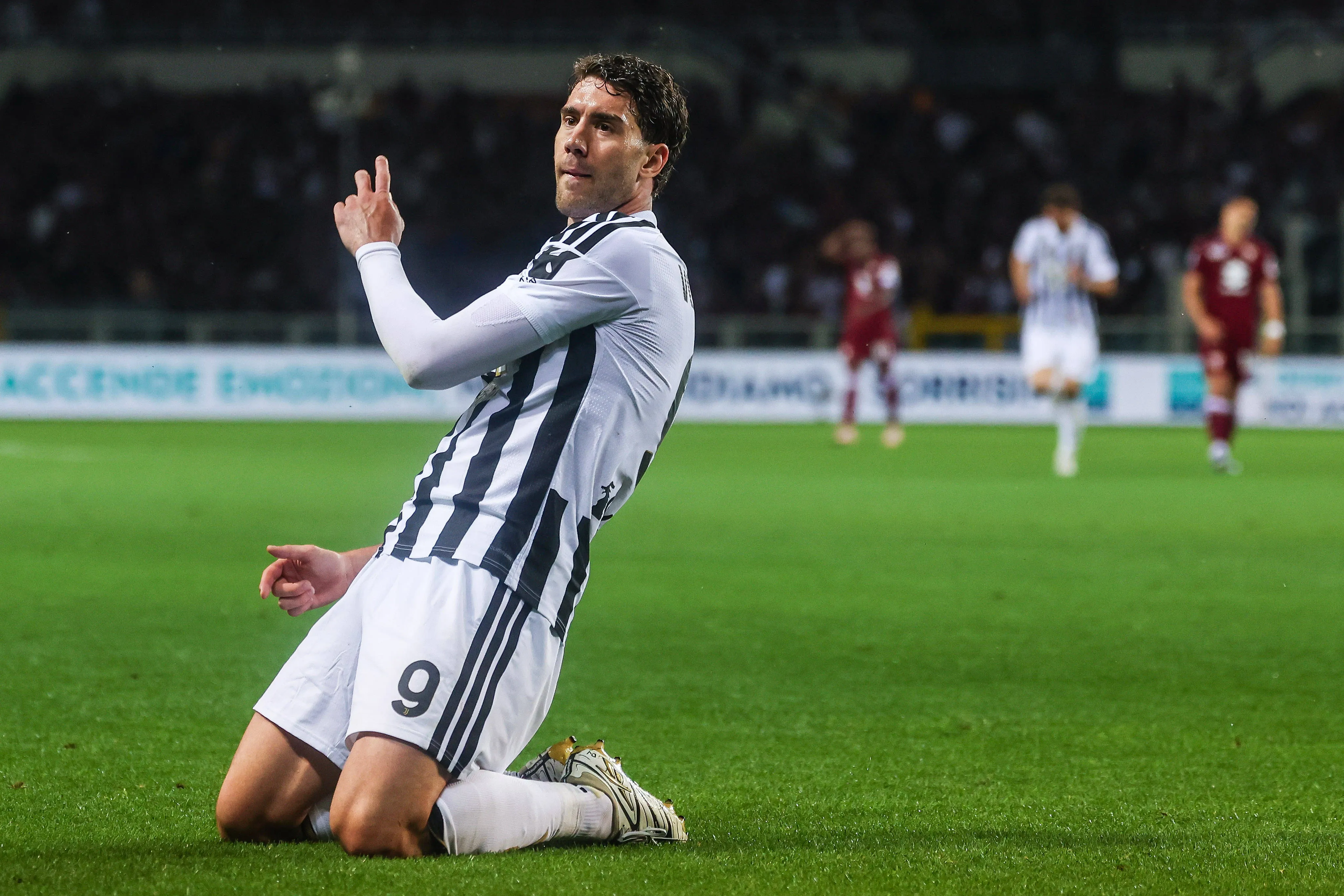 Dusan Vlahovic of Juventus FC celebrates after scoring a goal during Serie A 2025/26 football match between Torino FC and Juventus FC at Olimpico Grande Torino Stadium in Turin, Italy on 24 May 2026. Turin Stadio Olimpico Torino Turin Italy
