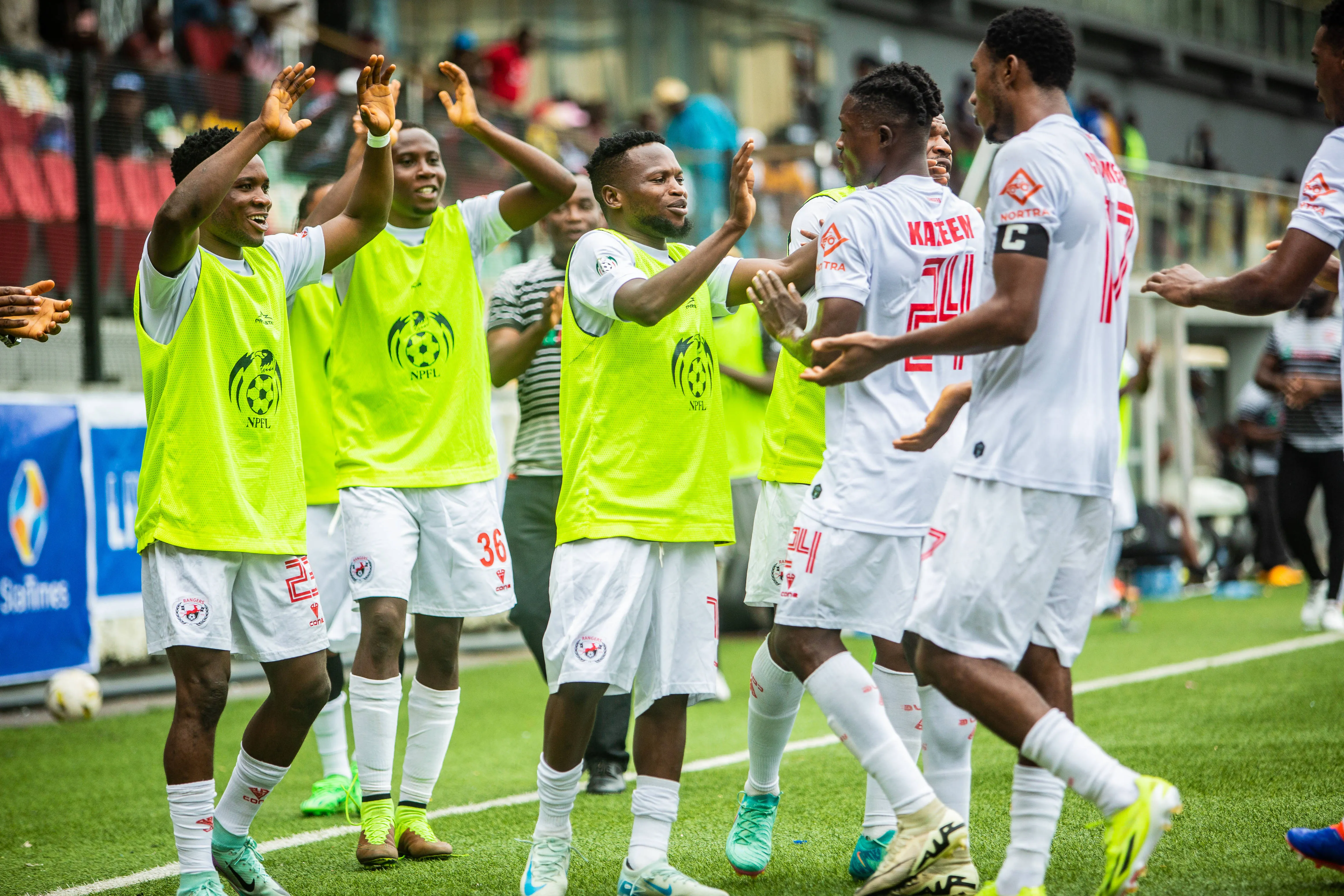 Rangers Int l FC players celebrating their goal during the game between Ikorodu City vs Rangers Int l FC at the Mobolaji Arena Stadium, Onikan, Lagos