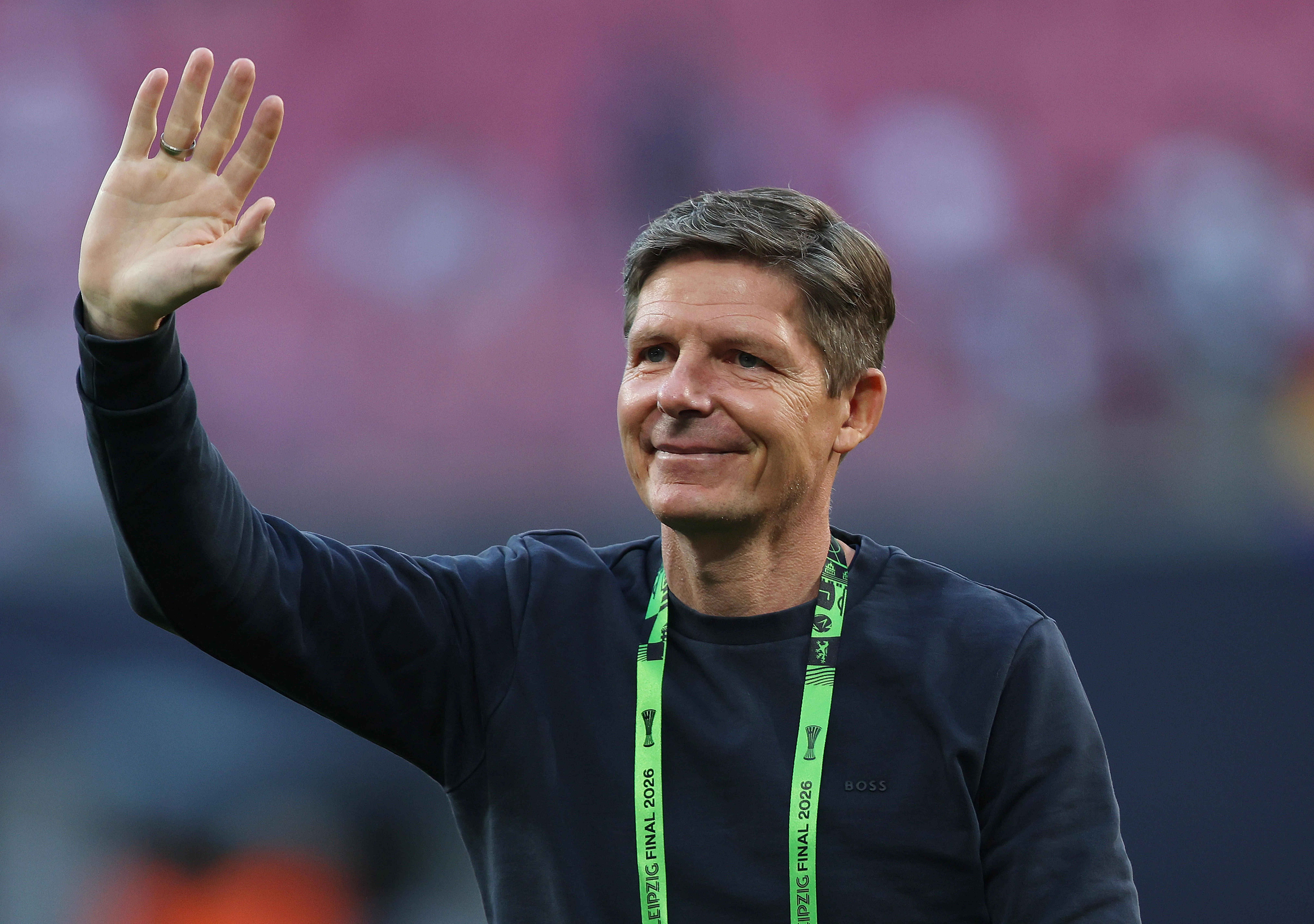 Oliver Glasner manager of Crystal Palace waves towards the Crystal Palace fans.