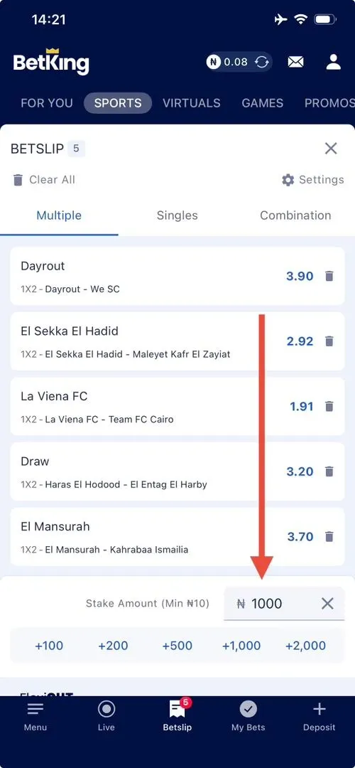 Third step in betting on the BetKing App