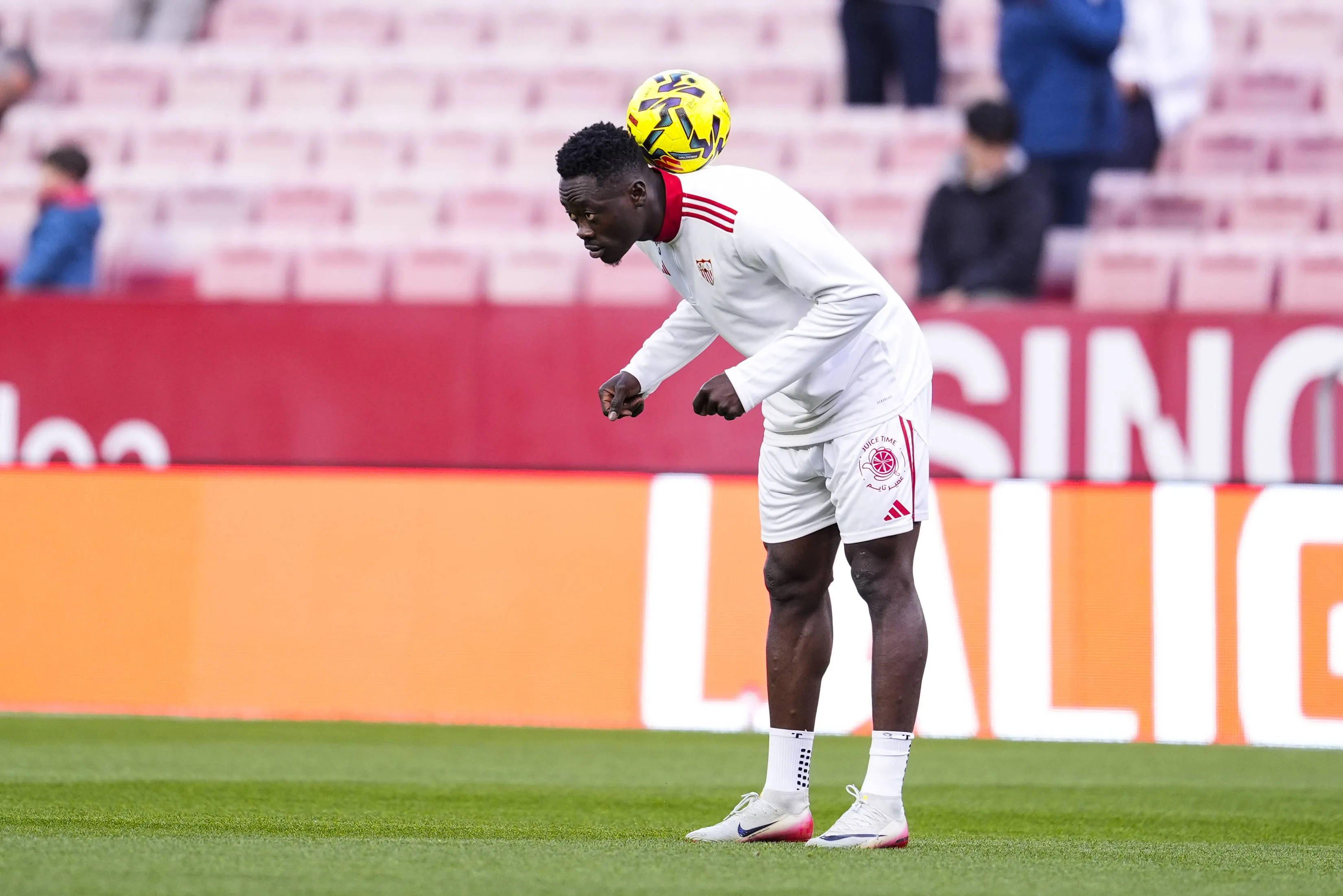 Akor Adams of Sevilla FC warms up during the Spanish league match played between Sevilla FC and Athletic Club at Ramon Sanchez-Pizjuan stadium on January 24, 2026