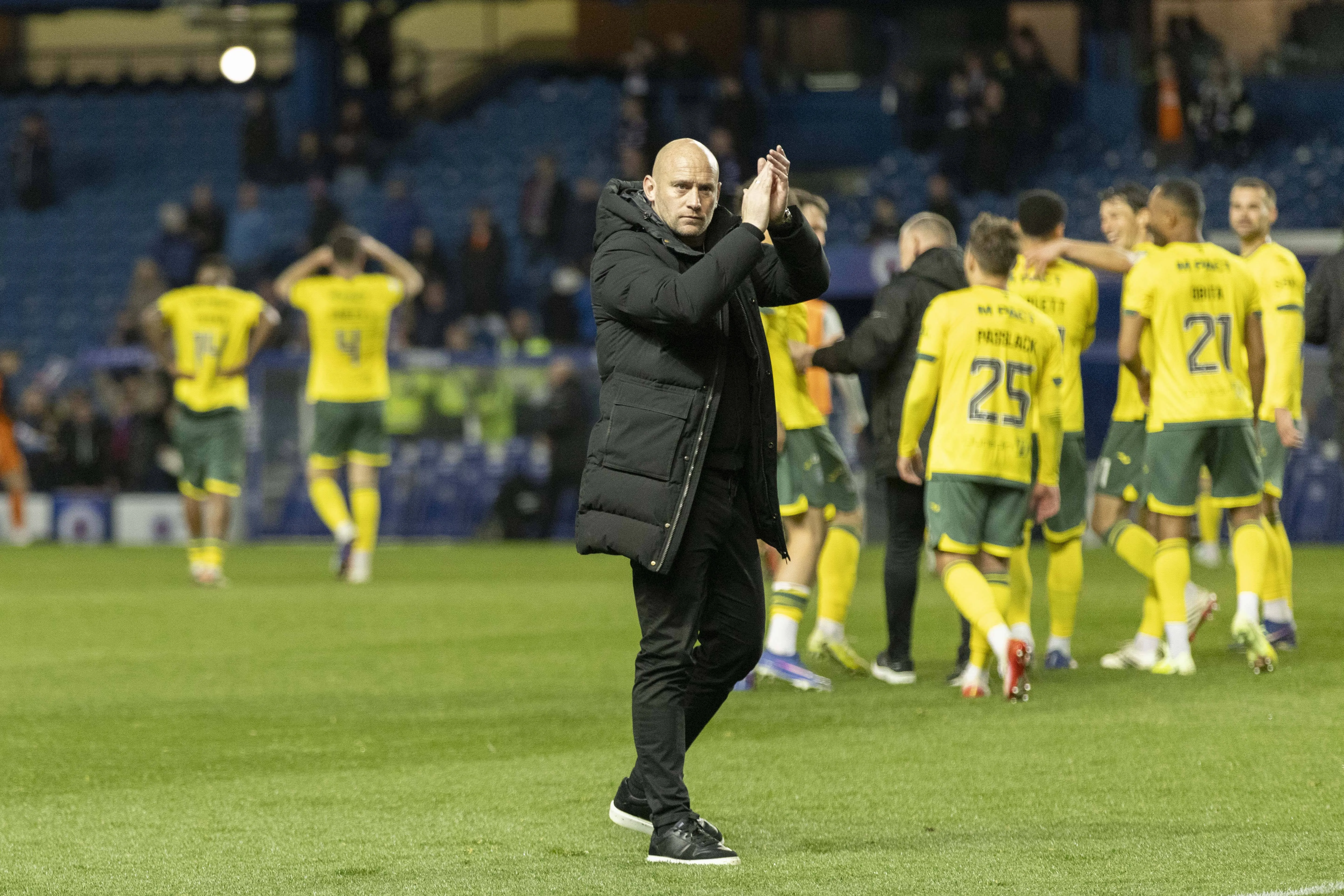 David Gray applauds the travelling fans after watching his players win again at Ibrox Glasgow Ibrox City of Glasgow 