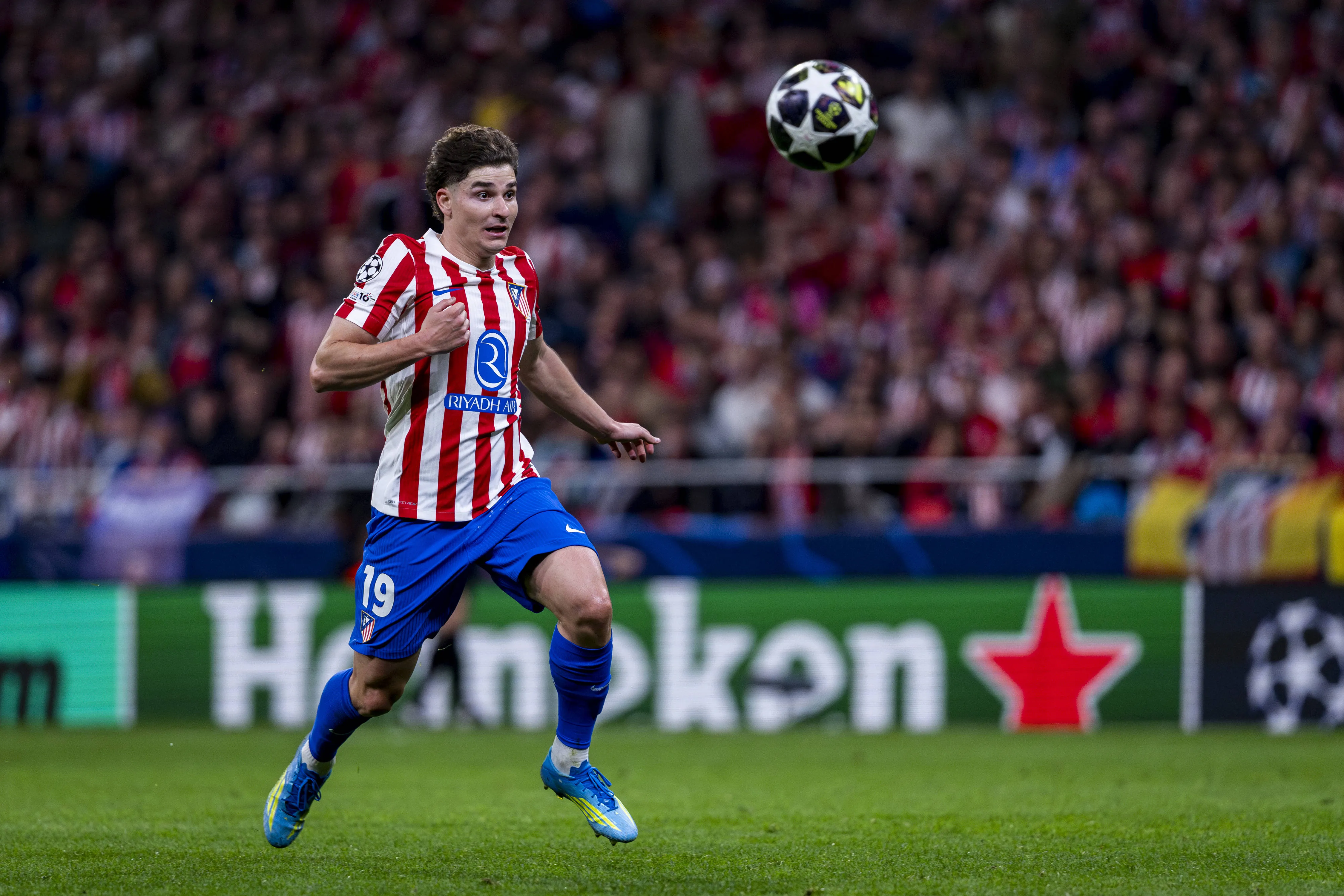 Julian Alvarez of Atletico de Madrid is in action with the ball during the UEFA Champions League 2025/26 Quarter-Final Second Leg match between Atletico de Madrid and FC Barcelona at Estadio Riyadh Air Metropolitano on April 14, 2026 in Madrid, Spain.