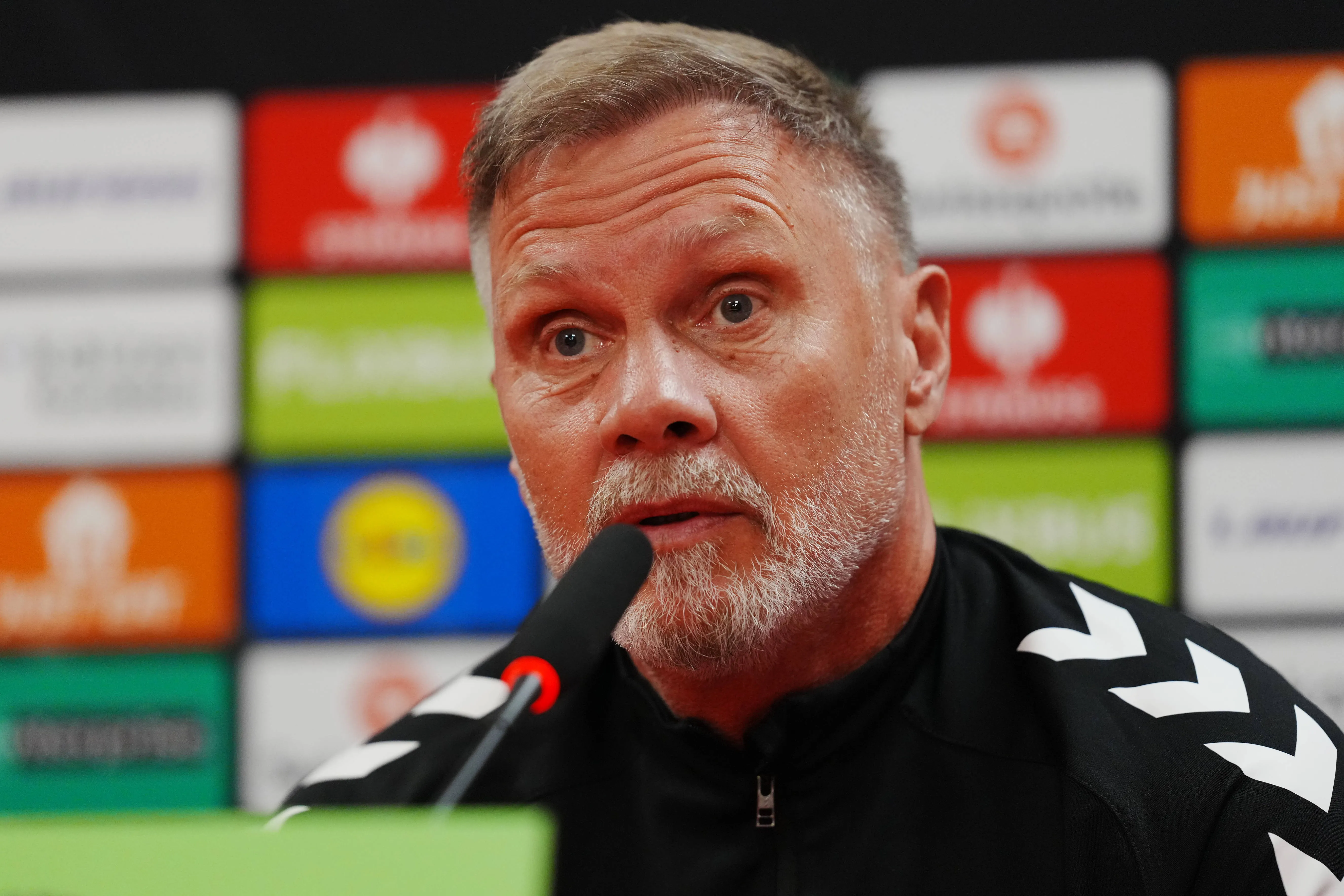 Thorsten Fink, head coach of Samsunspor, speaks to the media in the pre-match press conference,