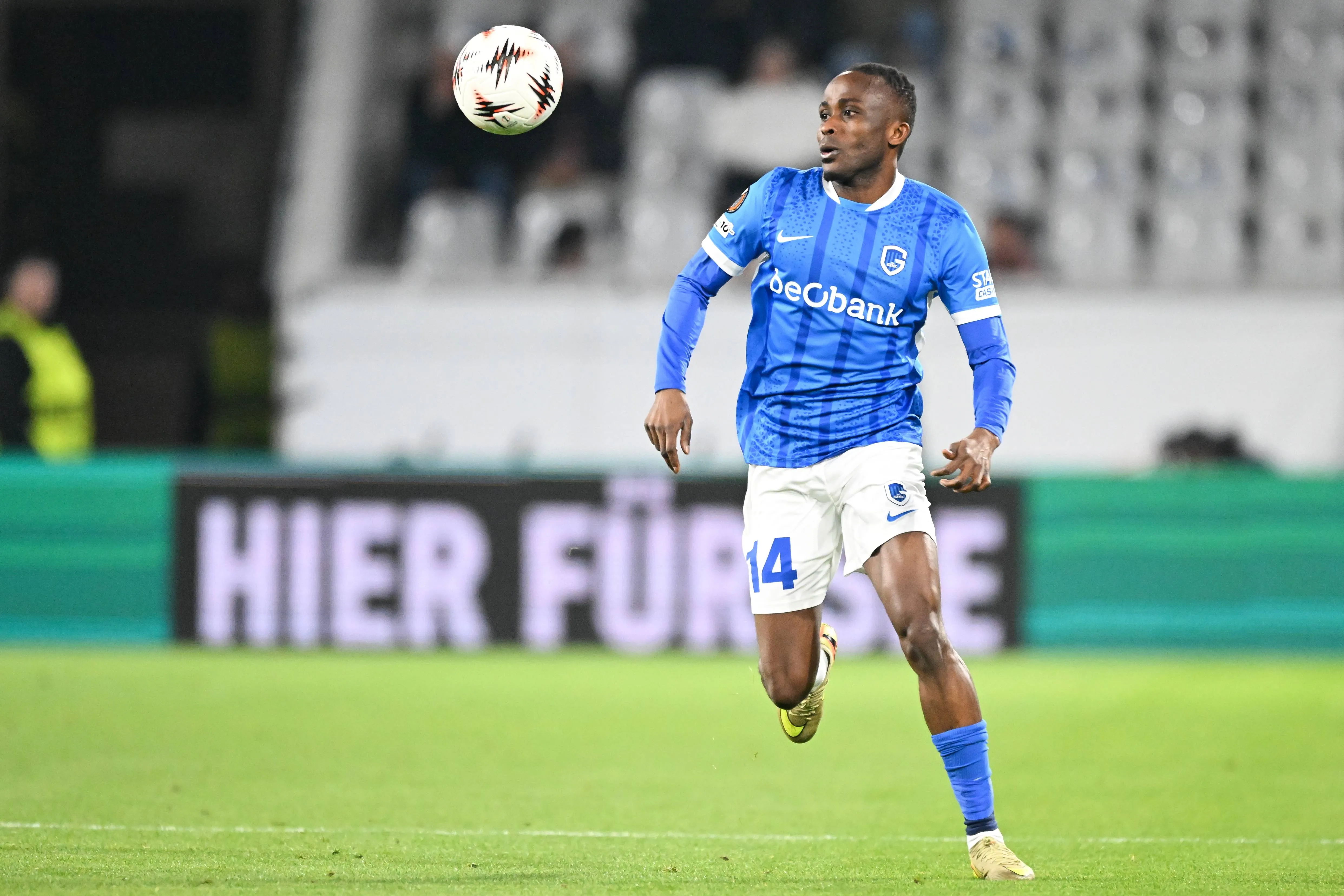 Genk and Super Eagles star Yira Sor pictured in action during a soccer game between German Club Freiburg and Belgian KRC Genk