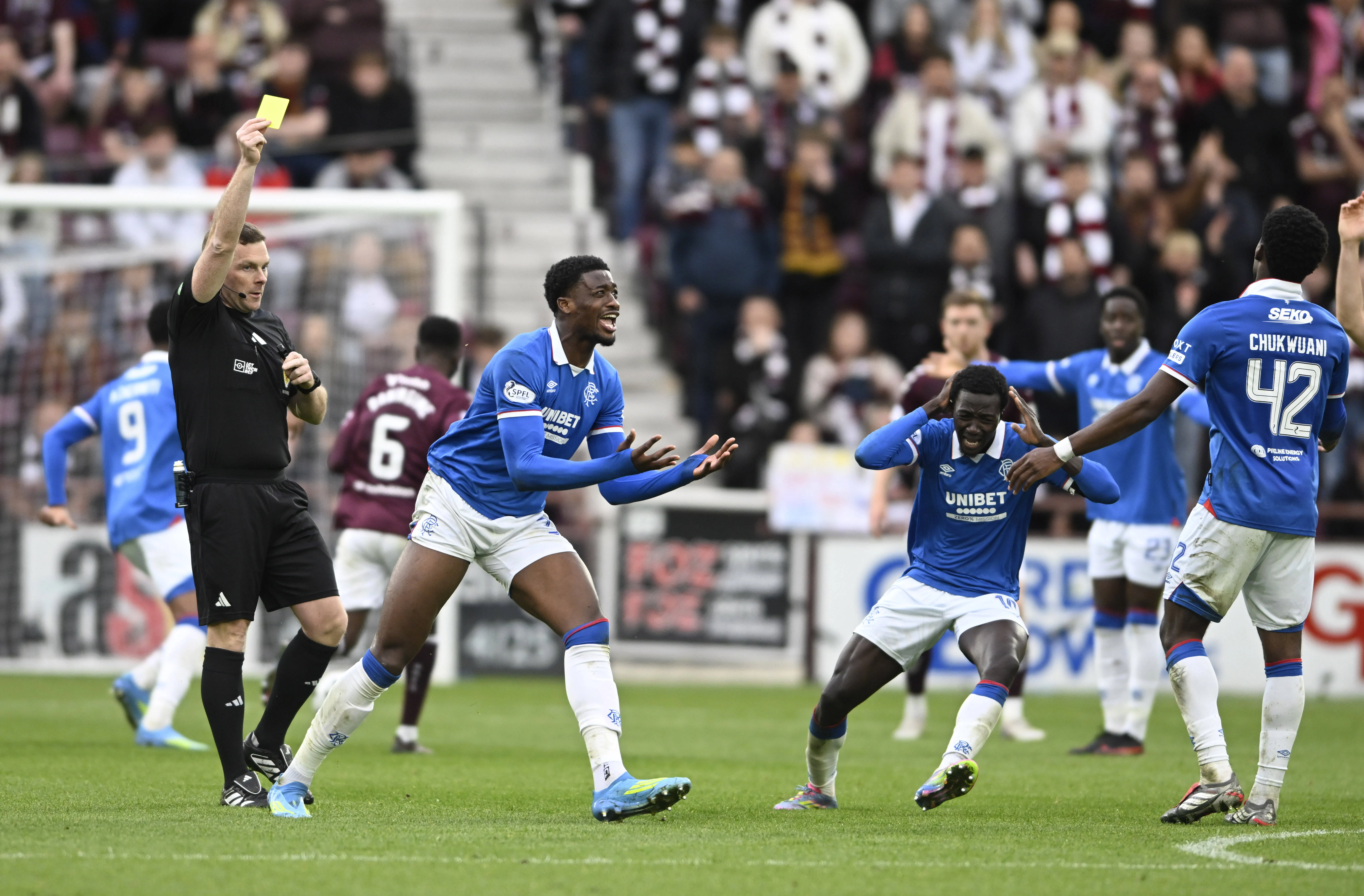 Emmanuel Fernandez of Rangers and his team-mates cant hide their frustration with Referee John Beaton