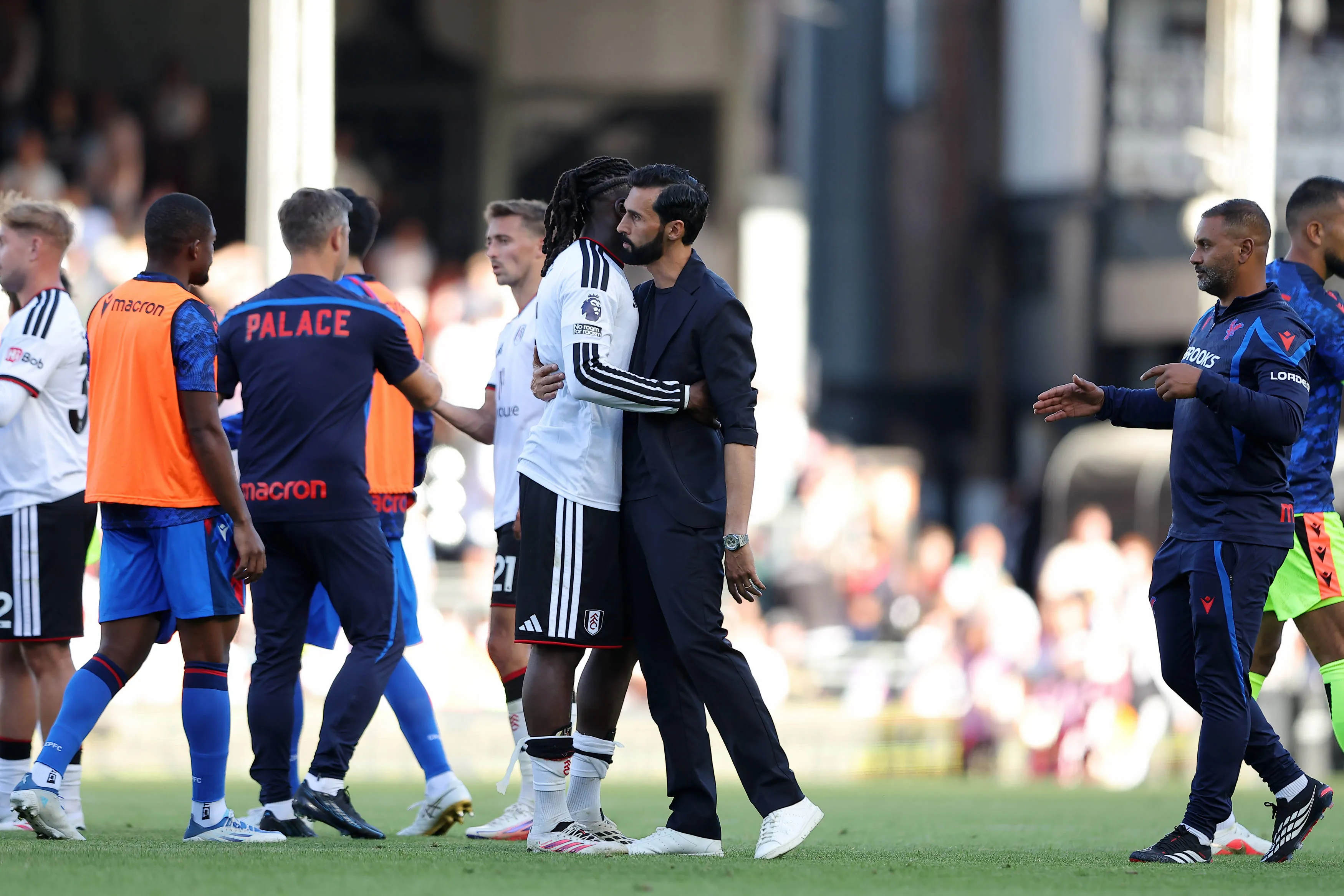 Fulham versus Crystal Palace A disappointed Fulham Manager Alvaro Arbeloa consoling Calvin Bassey of Fulham after the match 