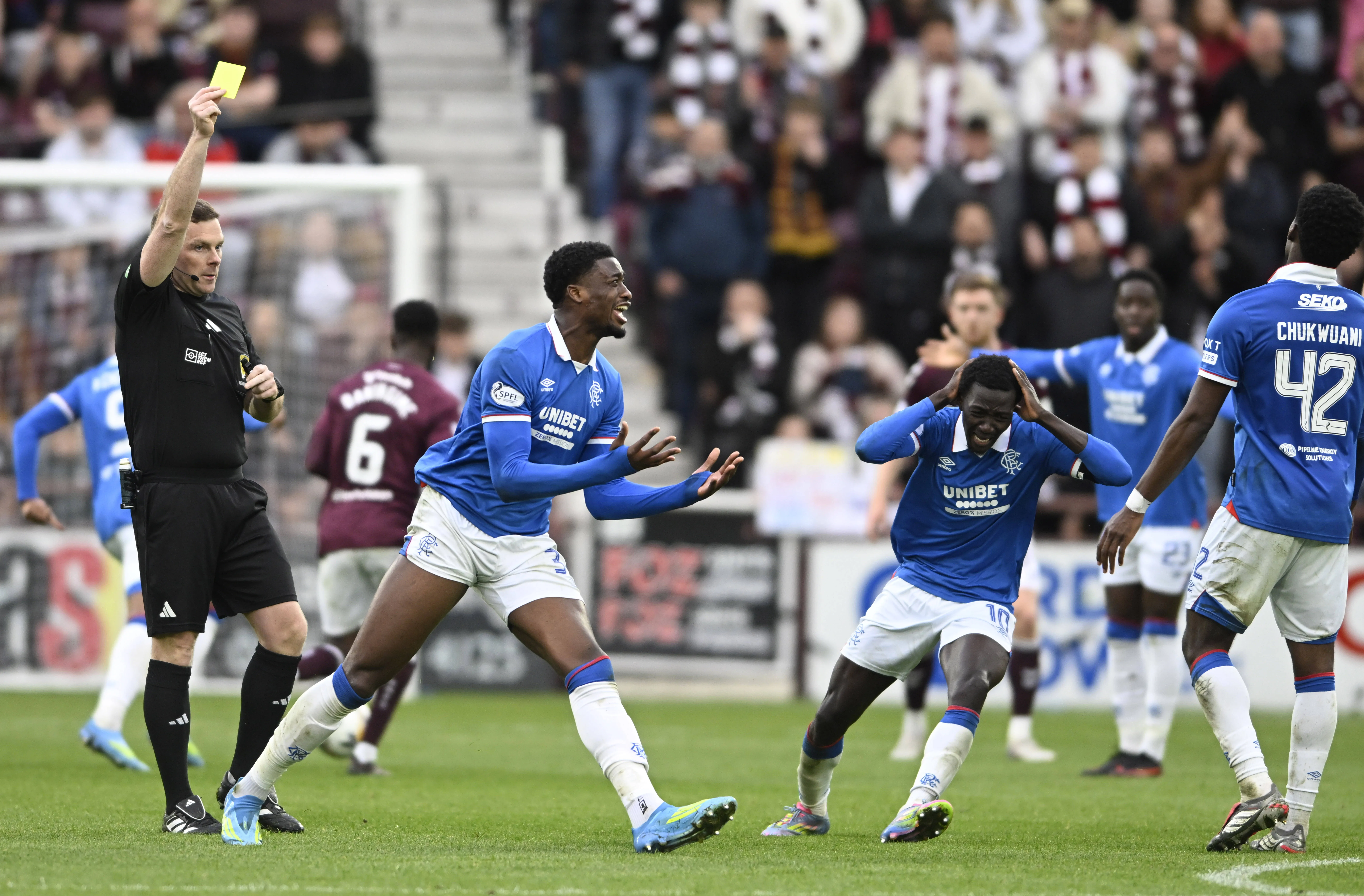 Emmanuel Fernandez of Rangers and his team-mates cant hide their frustration with Referee John Beaton during the Hearts vs Rangers Scottish Premiership match at Tynecastle Park, Edinburgh.