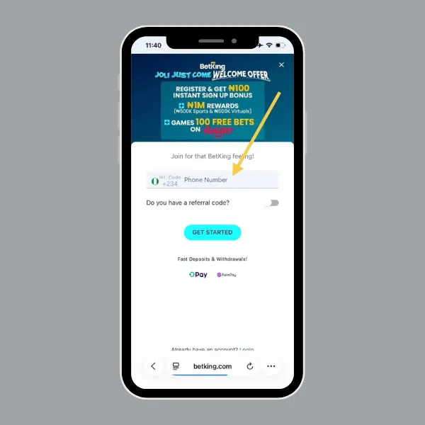 BetKing Sign Up form showing phone number field