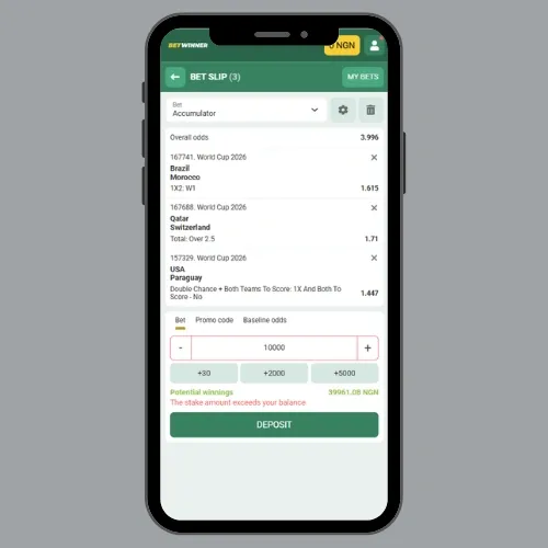 Betwinner World Cup bet slip with 1.40 odds and above to wager the promo code funds. 