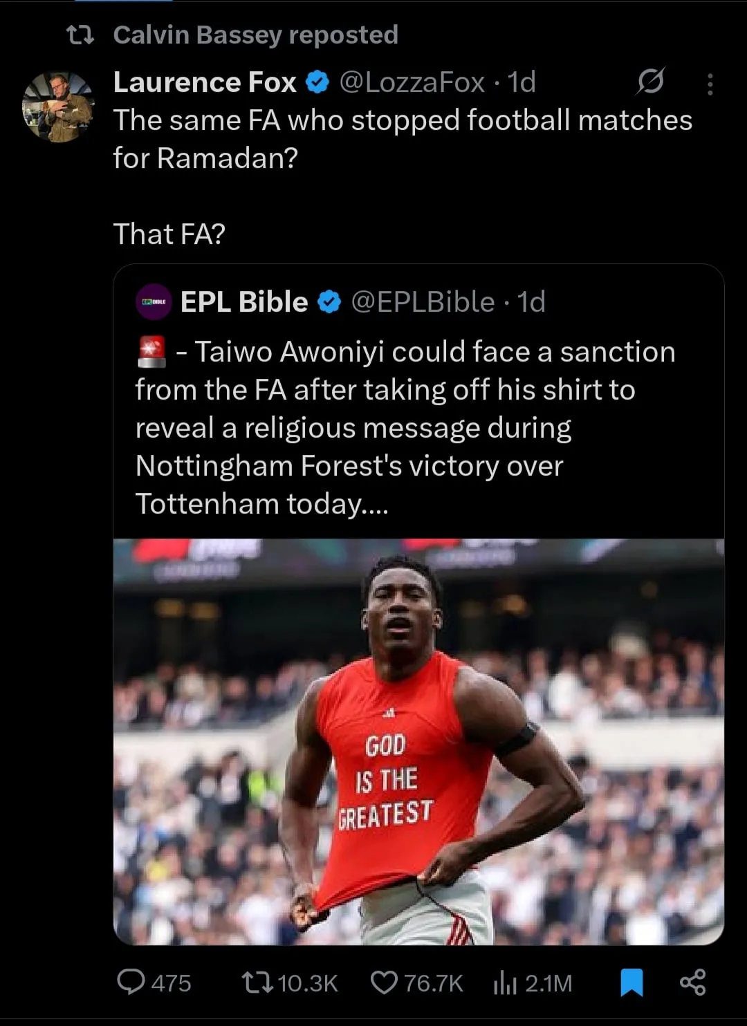 Calvin Bassey shows support for Taiwo Awoniyi