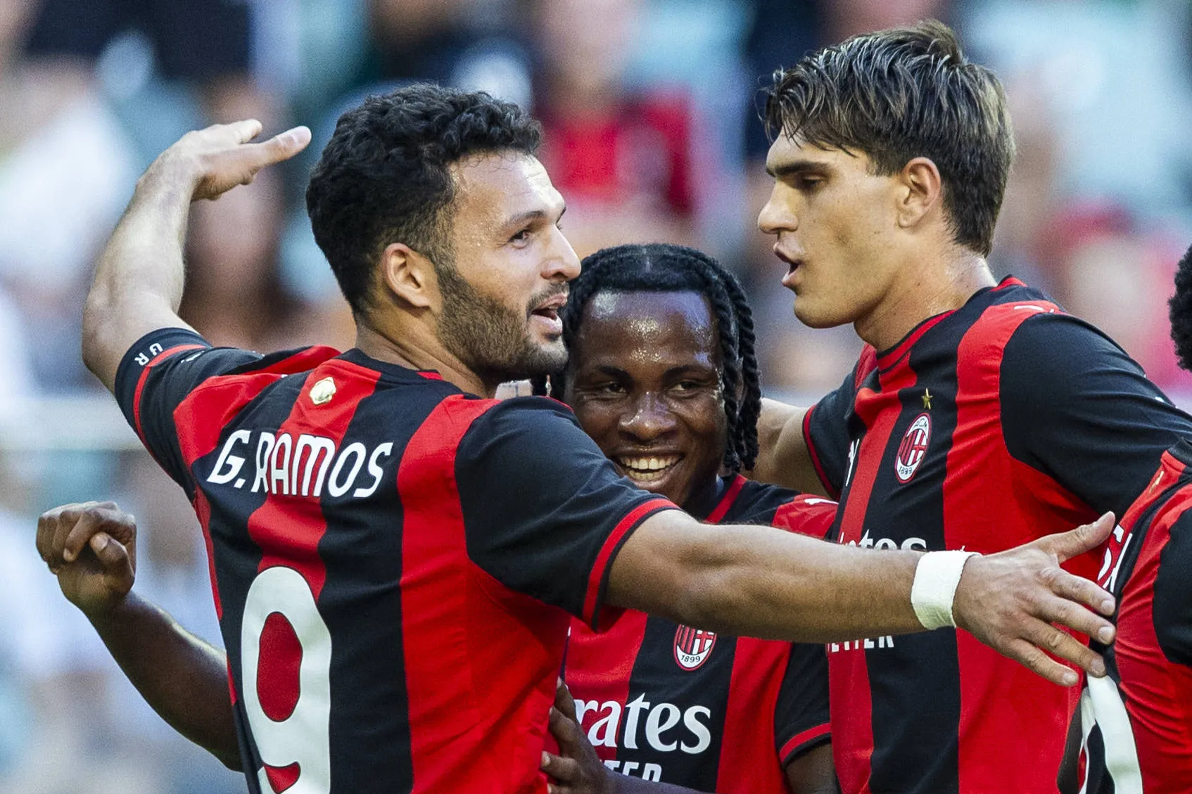 Goncalo Ramos, Samuel Chukwueze, Davide Bartesaghi in action for AC Milan