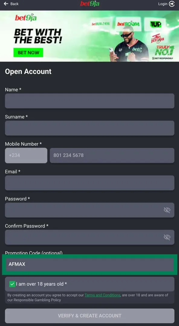 Bet9ja registration form with promotion code AFMAX highlighted.