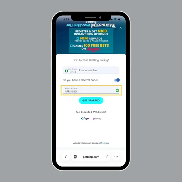 BetKing Sign Up form with referral code
