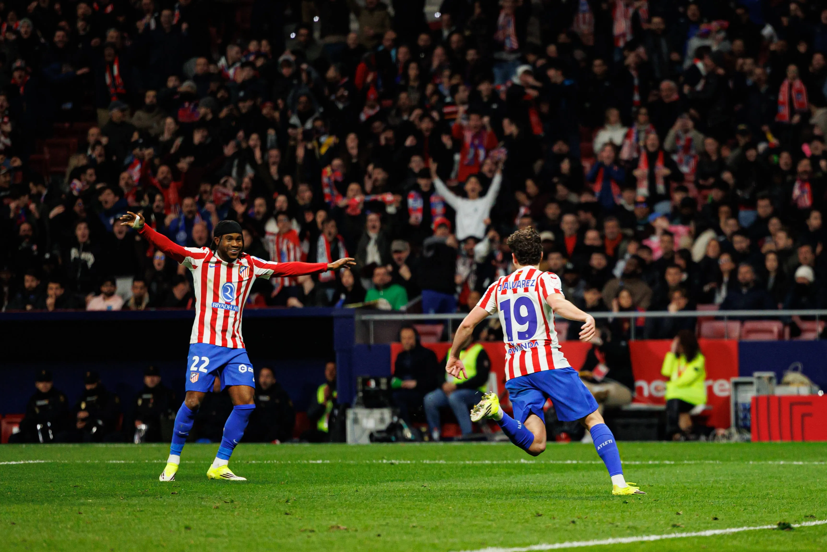 Ademola Lookman and Julian Alvarez seen celebrating after a goal against Barca