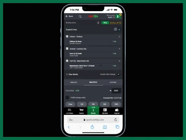 Bet9ja bet slip showing Fulham vs Chelsea, Arsenal vs Coventry and Hull City vs Manchester United selected at combined odds of 4.28 to illustrate the welcome bonus wagering requirement.