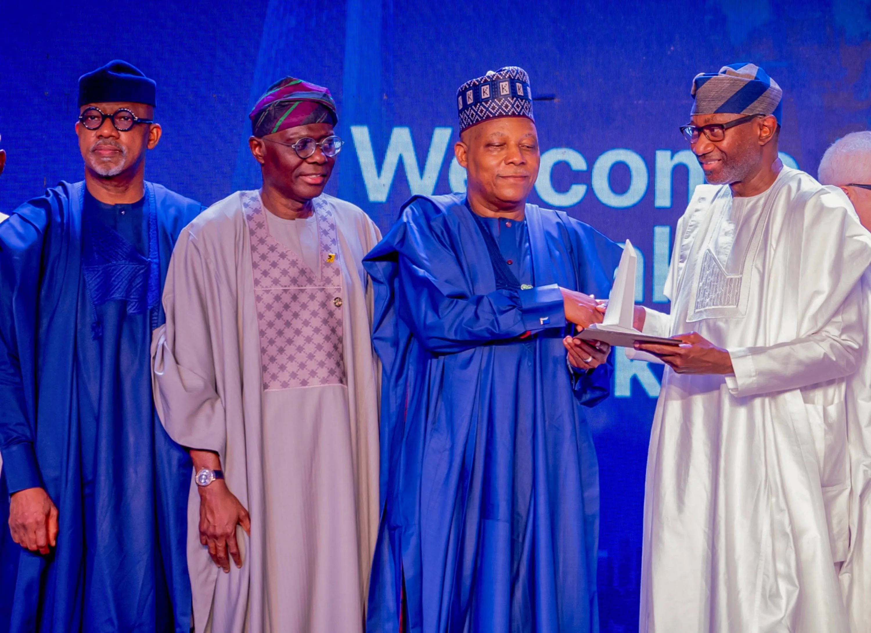  Governor of Ogun State, Prince Dapo Abiodun his Lagos State counterpart, Mr. Babajide Sanwo-Olu Vice President, Senator Kashim Shettima and Board Chairman, First Bank Holdings, Mr. Femi Otedola