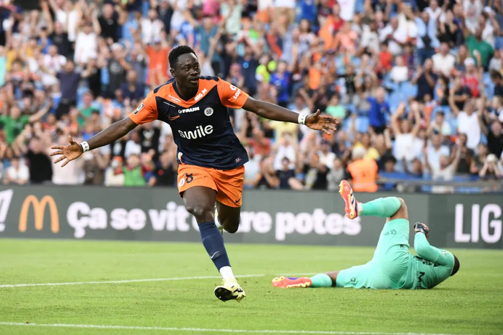 Celebration but Akor ADAMS (MHSC) lors du match Montpellier Herault SC vs. FC Nantes pour la J3 de la Ligue 1 McDonald&rsquo;s