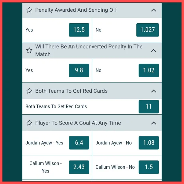 22Bet betting interface with various options for a football match, including odds for a penalty, red cards, and players scoring a goal at any time.